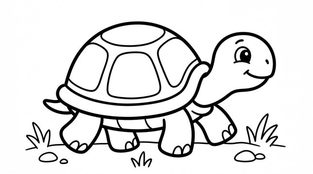 Cute Turtle Walking Slowly Simple Coloring Page.