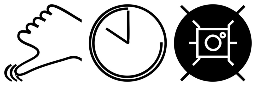 This clean graphic set includes a human hand, a simple timepiece or ticker, and a stylized camera shutter lens. These minimalist glyphs offer a modern visual language for quick recognition.