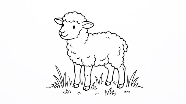 Baby Sheep Standing in Grass Coloring Page.