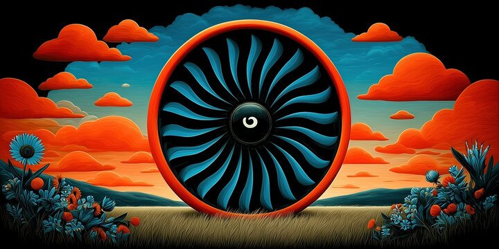 Pixel art illustration of a powerful airplane turbine engine sitting on a green field under a dramatic red and orange sunset sky Concept of gaming retro future