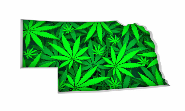 Nebraska NE Map Marijuana Pot Leaves State Law CBD THC Pot Cannabis 3d Illustration