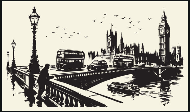 London cityscape illustration with big ben parliament bridge river thames vehicles boats and birds in classic black and white style