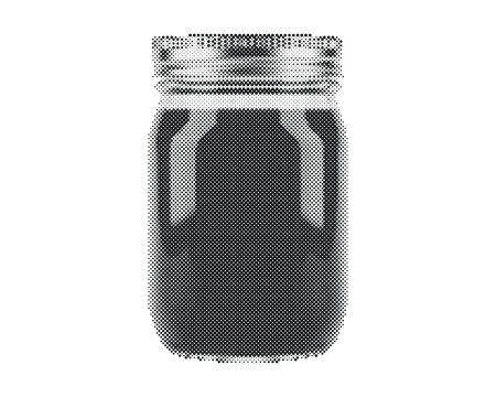 Retro halftone vector illustration of an empty glass jar with circle dot pattern isolated on white background
