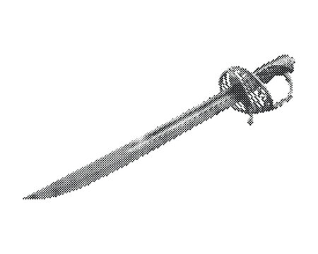 Retro halftone vector illustration of a vintage sword with circle dot pattern isolated on white background