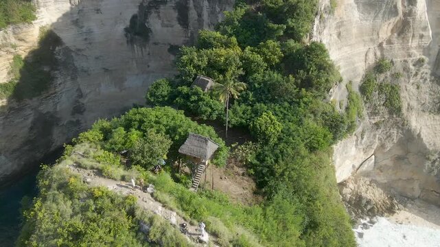 Cinematic drone shot of the famous Rumah Pohon treehouse perched on a steep cliff overlooking the turquoise ocean in Nusa Penida, Bali. Highlighting sustainable tourism and tropical adventure.