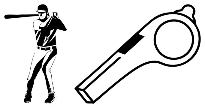 Powerful slugger holding a bat alongside a classic sports whistle, featuring a stencil aesthetic. This batter and officials tool set captures the intensity of the diamond game.
