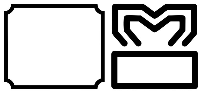 Clean black art collection featuring a decorative border and a small tag, perfect for using as a label, badge, or signage. This simple frame and tag set offers a sleek, modern look.