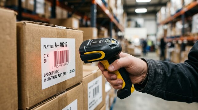 Worker scanning barcode on a box in a warehouse with a handheld scanner