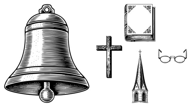 Collection of etched religious featuring a heavy church bell, a wooden crucifix, an old book, a church spire, and spectacles. This hand drawn set includes a clapper and a holy.