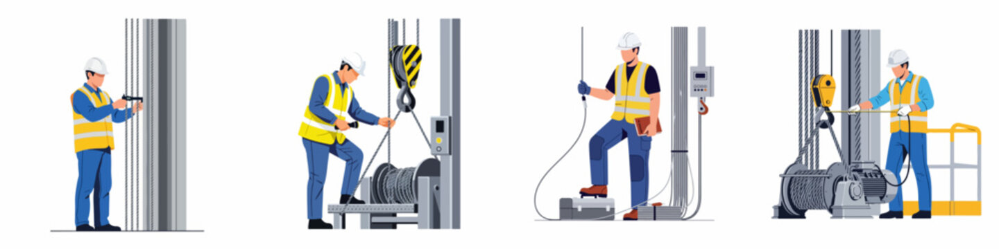 Set of industrial workers performing maintenance and inspection on heavy lifting machinery, cables, and winch systems.