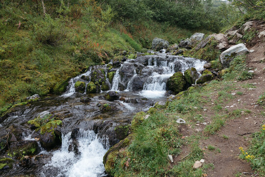 Scenic mountain creek with small cascading waterfall over mossy boulders and green tundra vegetation in Vachkazhets mountain range, Kamchatka Krai, Russia
