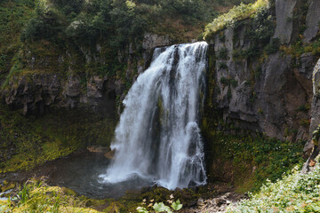 Fototapeta premium Powerful waterfall pours over a basalt cliff into a misty plunge pool surrounded by mossy rocks and green forest vegetation, tranquil nature scenery outdoors