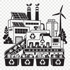 Fototapeta premium Sustainable industrial factory building with solar panels wind turbines conveyor belt and recycling waste bins