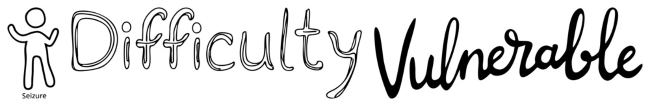 Stylized lettering showcasing the words difficulty and vulnerable alongside a simple stickman doodle. This hand lettered script and doodle combo captures raw human emotion.