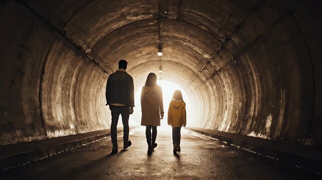 Three figures walk into a brightly lit tunnel, their backs to the viewer