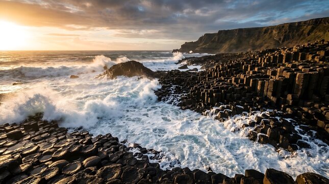 A wide landscape shot of a rugged basalt coastline battered by massive, foamy white ocean waves, the harsh side light from a low sun casting long, dramatic shadows across the dark hexagonal rock colum