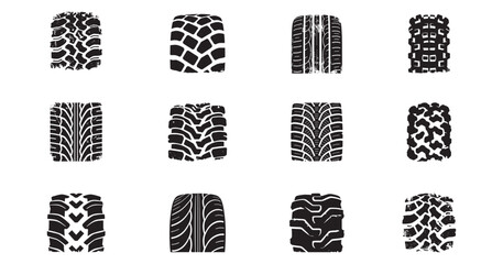 Tire tracks and tread marks silhouette set. Grunge car tyre print textures. Automotive wheel protector patterns for mud, offroad, and racing. Vector illustration, vector graphic. © Jeremy_Show