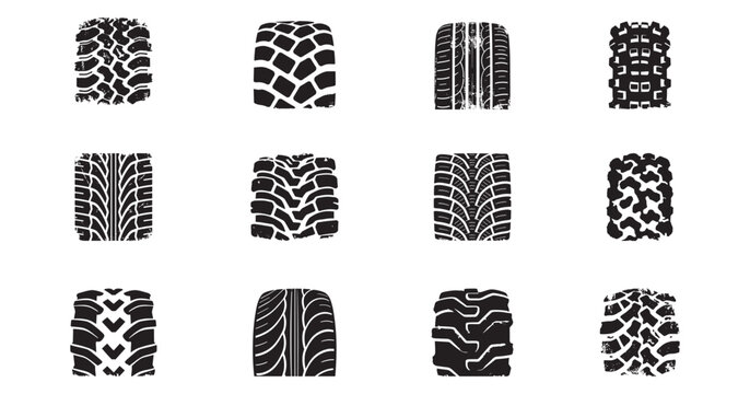 Tire tracks and tread marks silhouette set. Grunge car tyre print textures. Automotive wheel protector patterns for mud, offroad, and racing. Vector illustration, vector graphic.