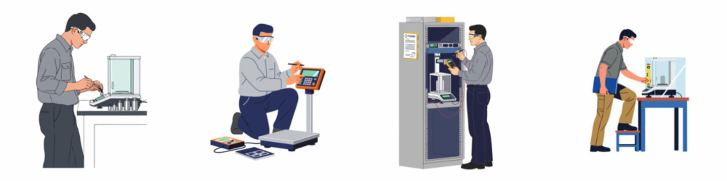 Professional technicians performing calibration, measurement, and maintenance on various industrial weighing and testing equipment in a laboratory or factory setting.