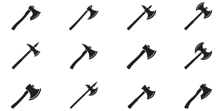 Medieval axe and halberd silhouette set. Ancient battleaxes, executioner hatchets, and lumberjack tools collection. Weapon and wood cutting icons. Vector illustration, vector graphic.