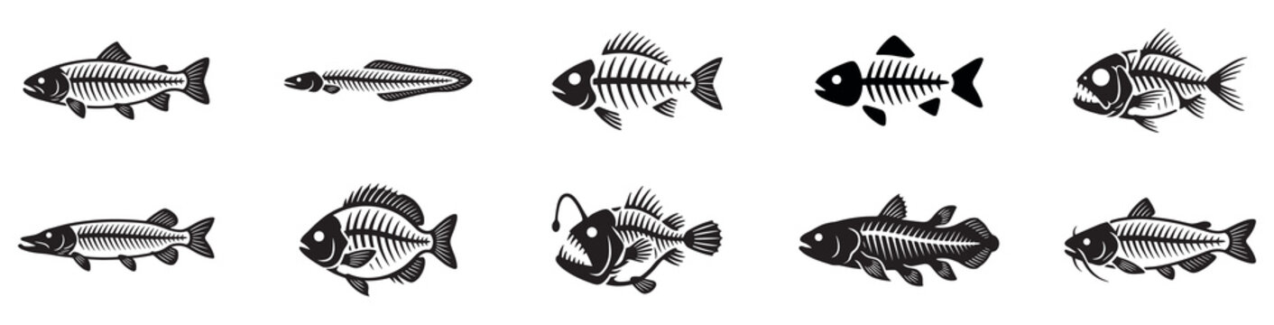 Fish skeleton icon set. Fish skeleton and bone silhouette set. Fossil fish remains icons. Sea life under water dead fish anatomy elements for logo design. Vector illustration, vector graphic.