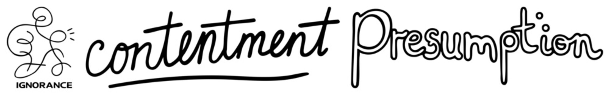 Artistic lettering featuring the word contentment in cursive script alongside presumption in a bubble style. This hand drawn lettering set includes an abstract scribble mark and ignorance tag.