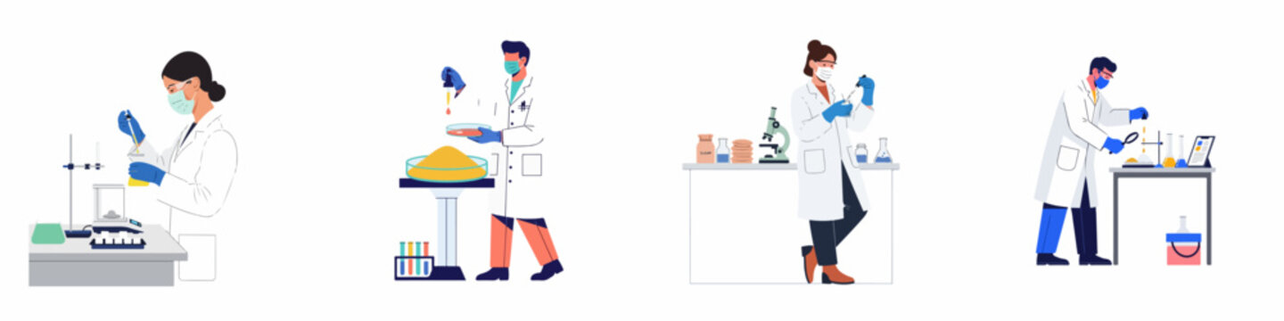 Set of flat vector illustrations showing diverse scientists conducting laboratory research and experiments using various scientific equipment in a modern lab environment.