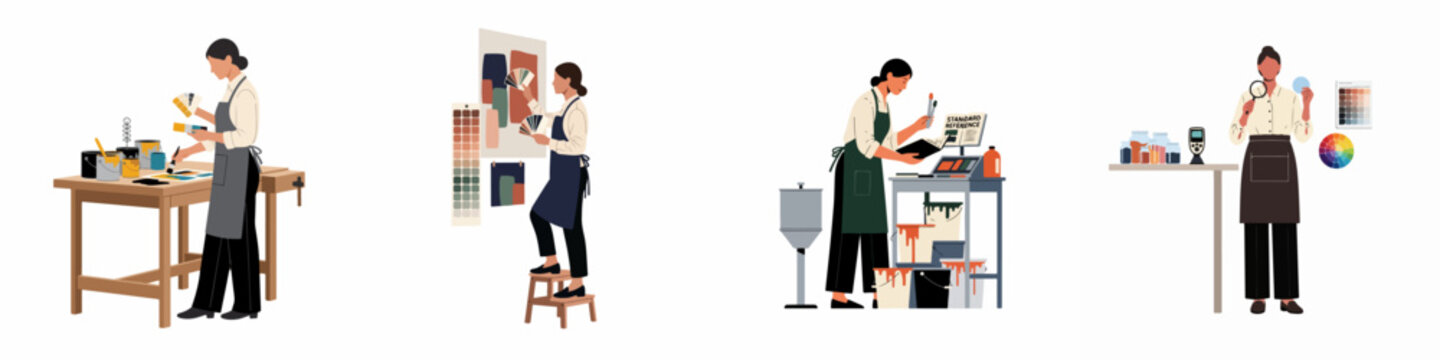 Flat vector illustration set of a professional woman artist or interior designer working with color palettes, mixing paints, and selecting samples in a studio.