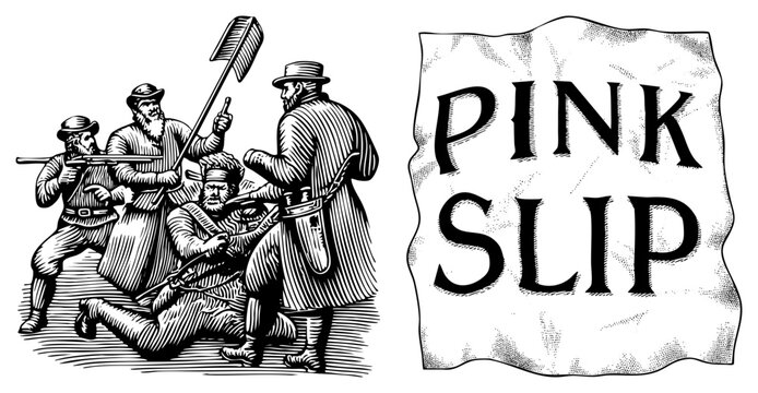 Rugged woodcut scene featuring a group of scoundrels or highwaymen in a heated struggle. This vintage engraving shows a rowdy crew of ruffians next to a large paper labeled pink slip.
