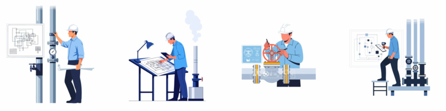 Set of industrial engineering illustrations featuring professional workers managing piping systems, technical blueprints, and equipment maintenance in a facility.
