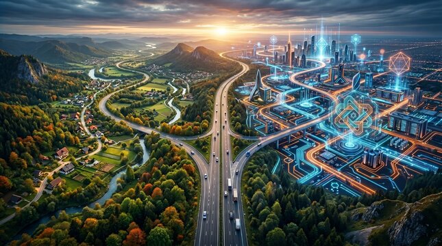A split landscape showing a highway transitioning from a lush green rural countryside into a futuristic glowing digital city at sunset