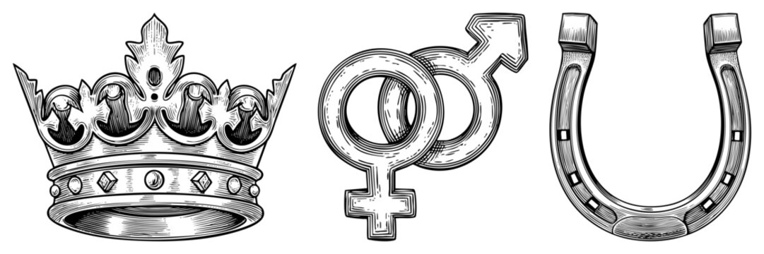 This collection features a majestic coronet, interlocking venus and mars glyphs, and a classic iron shoe. These etched assets include a diadem, sex symbols, and a luck charm.