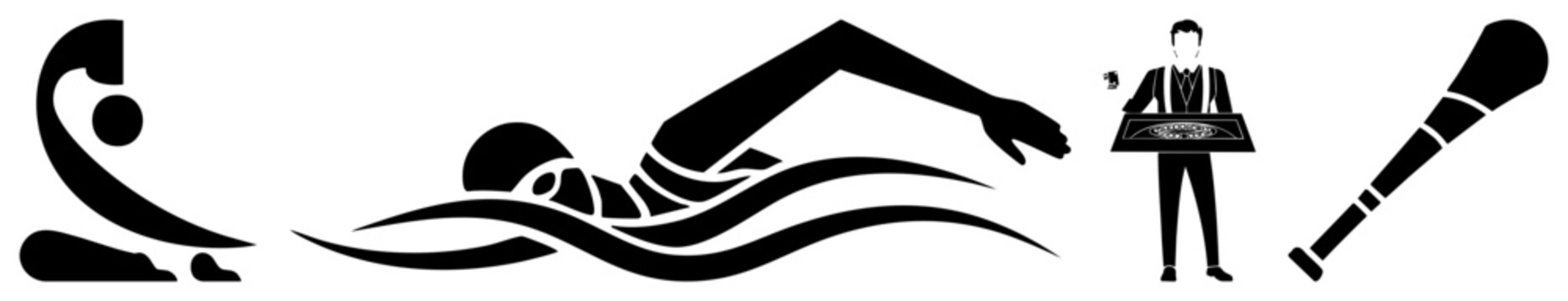 Collection of various black shapes featuring a yoga practitioner, a swimmer, a waiter, and a baseball bat. These gym and hospitality figures, including a pool swimmer and a server, use clean.