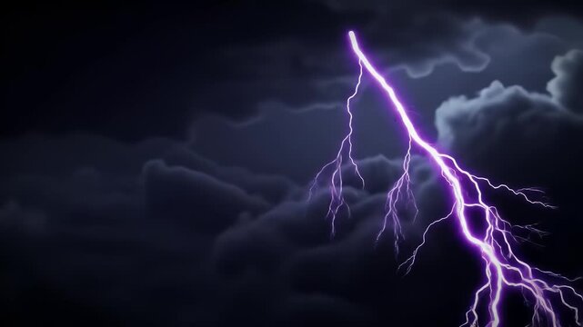 Vivid purple lightning strikes through dark, ominous storm clouds
