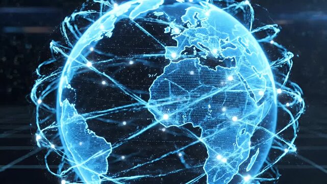 A glowing blue abstract globe with interconnected lines and nodes