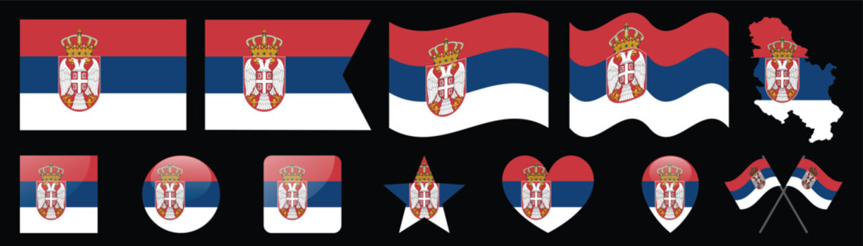 Collection of Serbian flags in various shapes and styles on black background