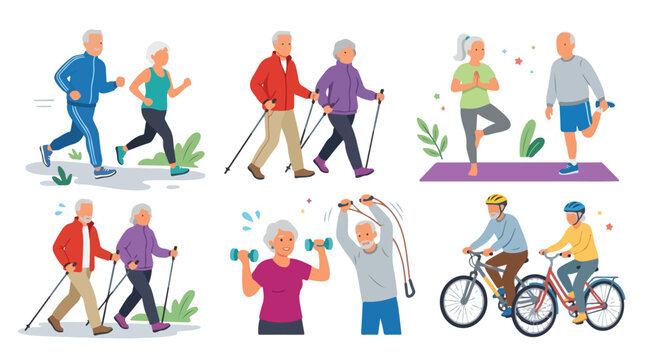 Active seniors exercising set, elderly people jogging and cycling vector, retired couple nordic walking and doing yoga, healthy aging lifestyle