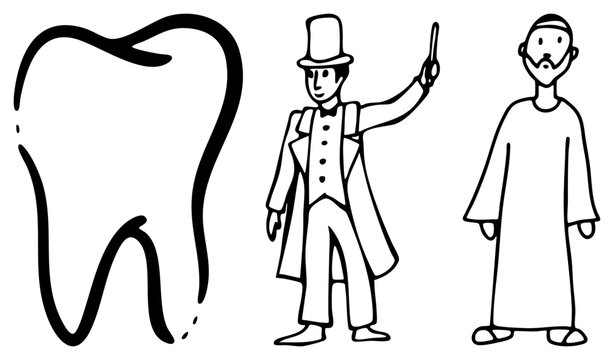 Clean collection featuring a large molar, a dandy gentleman in a top hat, and a simple robe clad man. This hand drawn set includes a toothy biter and a dapper chap for various designs.