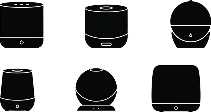 Collection of black humidifier and diffuser icons simple vector silhouettes for aromatherapy and air quality applications isolated on white