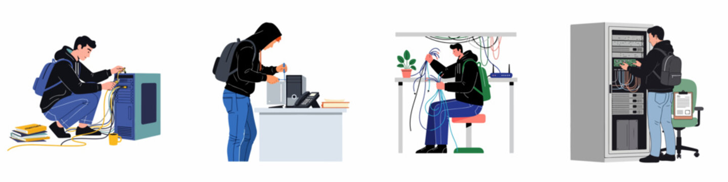 Flat illustration set showing a computer technician repairing, maintaining, and setting up server systems, networks, and hardware equipment in various professional office scenarios.