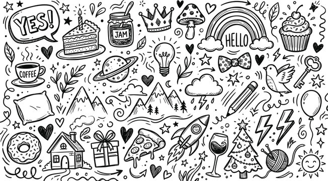 Cute hand drawn doodle seamless pattern with birthday cake rocket houses stars and abstract elements