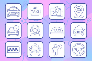Fototapeta premium Taxi service set icon. Linear icons with taxi car, taxi sign, map location pin, car with clock, support operator, vehicle front view, taxi light, dashboard symbol, driver gesture, steering wheel.