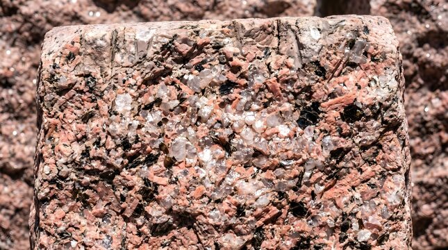 A horizontal close-up of a rough-hewn granite block showing a complex mixture of sparkling quartz crystals, dark biotite, and pink feldspar under a bright, direct sun.
