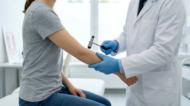 Doctor examining a patient's reflexes with a reflex hammer during a medical checkup