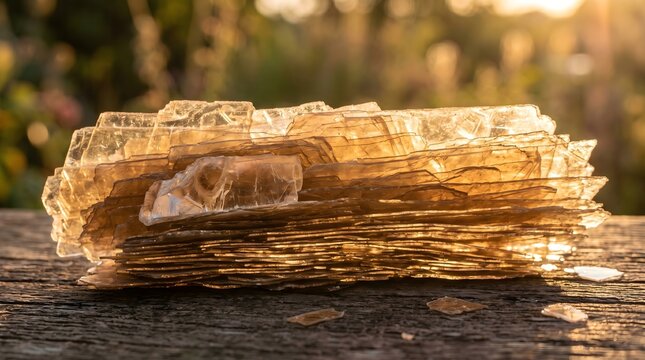 A horizontal composition of thin, translucent sheets of natural mica stacked together, their fragile, golden-amber layers catching a warm, golden hour light.