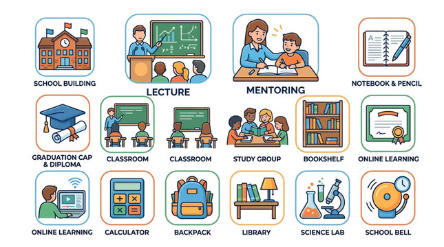 Collection of educational icons representing school and learning concepts.
