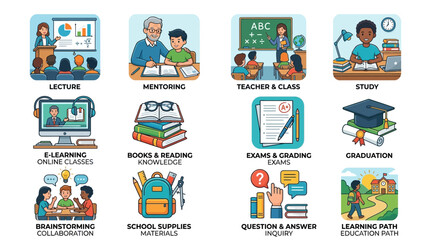 Fototapeta premium Collection of educational icons representing different learning concepts.