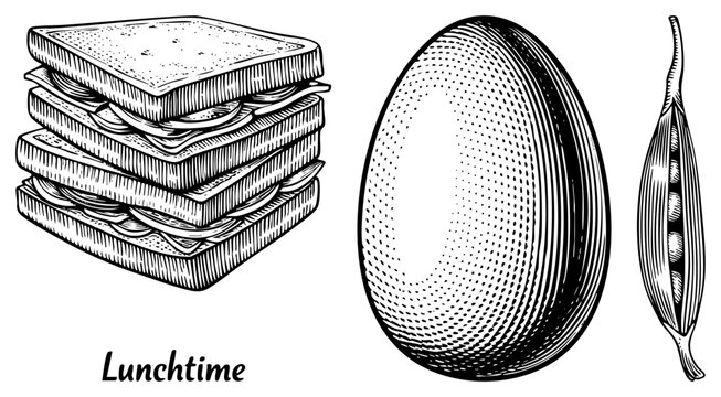 Classic lunchtime collection featuring a hearty club sandwich, a large farm egg, and a single pea pod. This hand drawn snack stack and protein bit showcase detailed hatching and stippling.