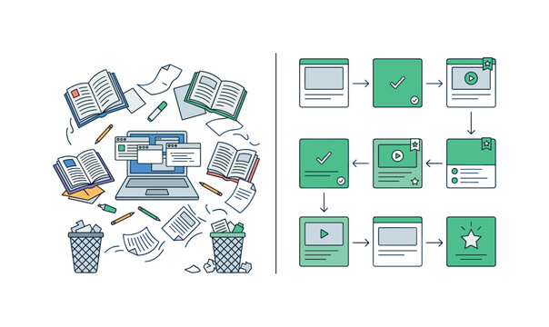 Split scene showing left side scattered self-study with unorganized content, right side structured online courses with guided path