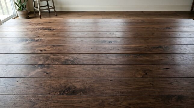 A wide horizontal view of heavy, dark walnut wood planks showing a rich, flowing grain pattern and occasional natural knots, finished with a subtle, low-gloss wax.